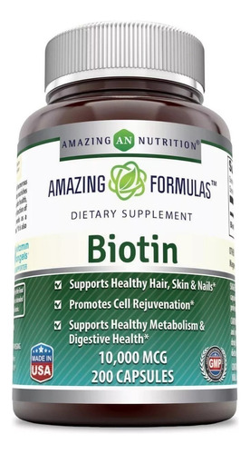 Biotina Amazing Nutrition 10,000 Mcg 200 Cápsulas Sabor Sin Sabor