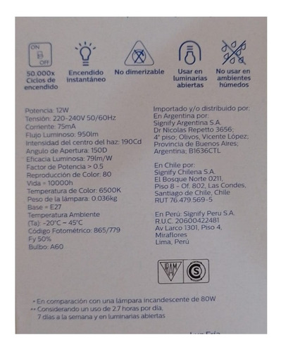 Foco Led Lampara Luz Calida - Fria Philips 12w 220-240v