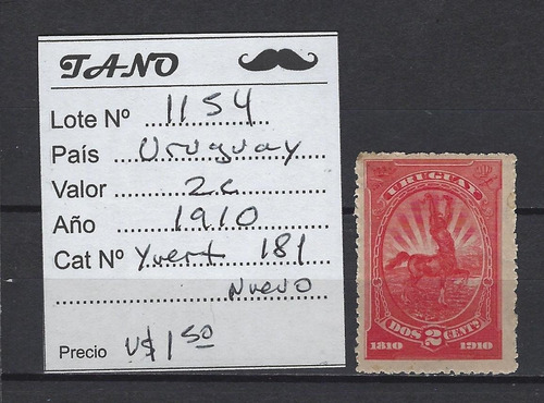 Lote1154 Uruguay 2 Cent. Año 1910 Yvert# 181 Nuevo