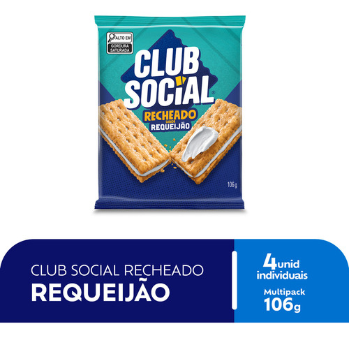 Pack Biscoito Integral Recheio Requeijão Club Social Pacote 106g 4 Unidades