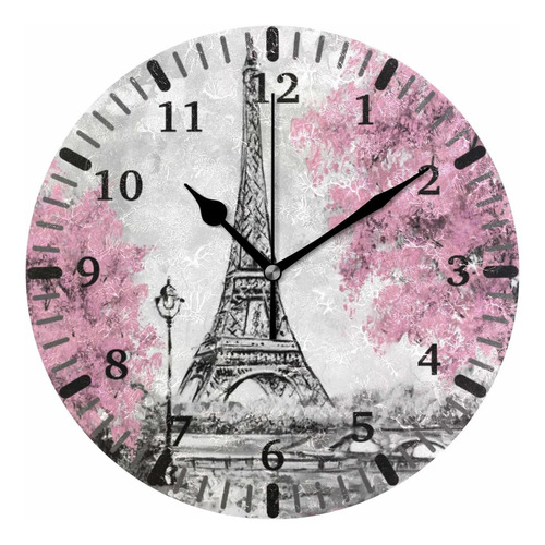 Vintage   Torre Eiffel Y Árbol Rosa Reloj De Pared Red...