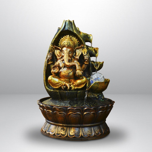 Cascada De Agua Ganesha Dorado 39cm Pileta Esfera Iluminada