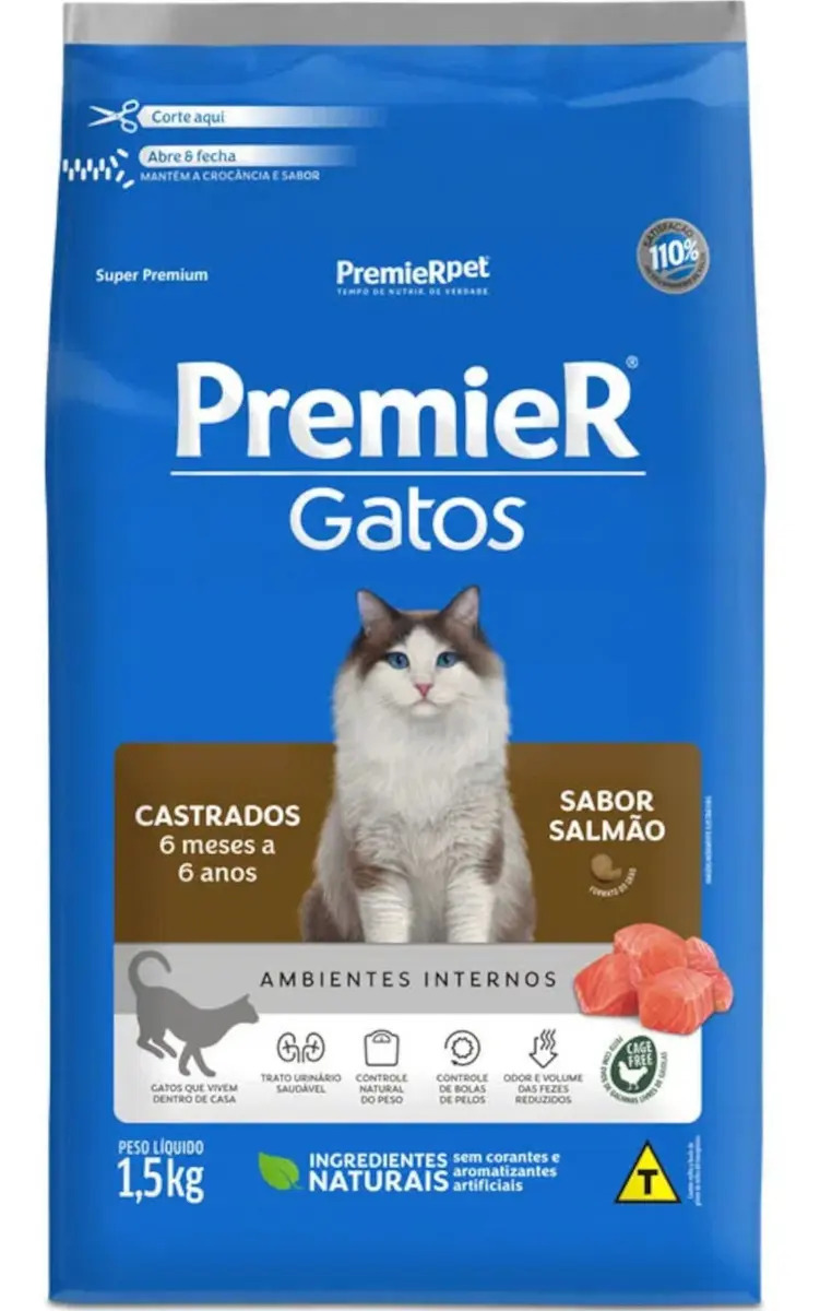 Ração Premier Gatos Castrados 6 Meses A 6 Anos Salmão 1,5kg