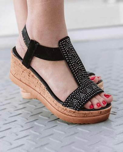 Sandalias Negras Taco Chino De Corcho Con Tira Strass Brillo