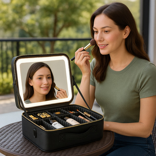 Maleta Bolsa Cosmeticos Maquiagem Com Espelho Led Blogueira