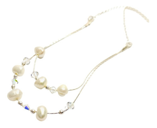 Collar Doble,perlas Y Swarovski En Plata 925, Con Cadena