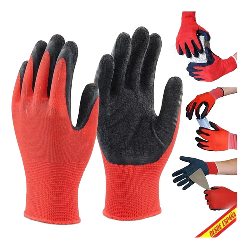Set X12 Guantes De Trabajo Antideslizantes Engomado Mecanico Rojo Y Negro