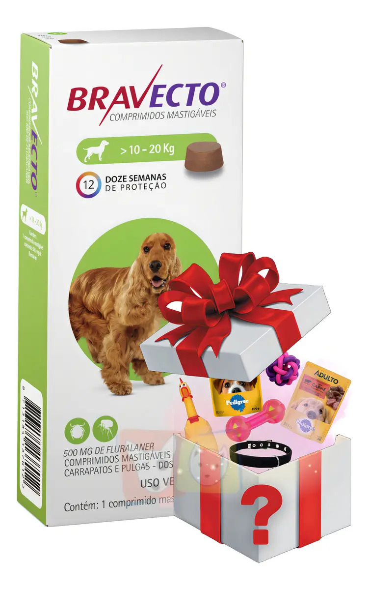 Bravecto Antipulgas Carrapatos Para Cães De 10 A 20kg Comprimido 500mg Msd + Enviamos Uma Surpresa Misteriosa
