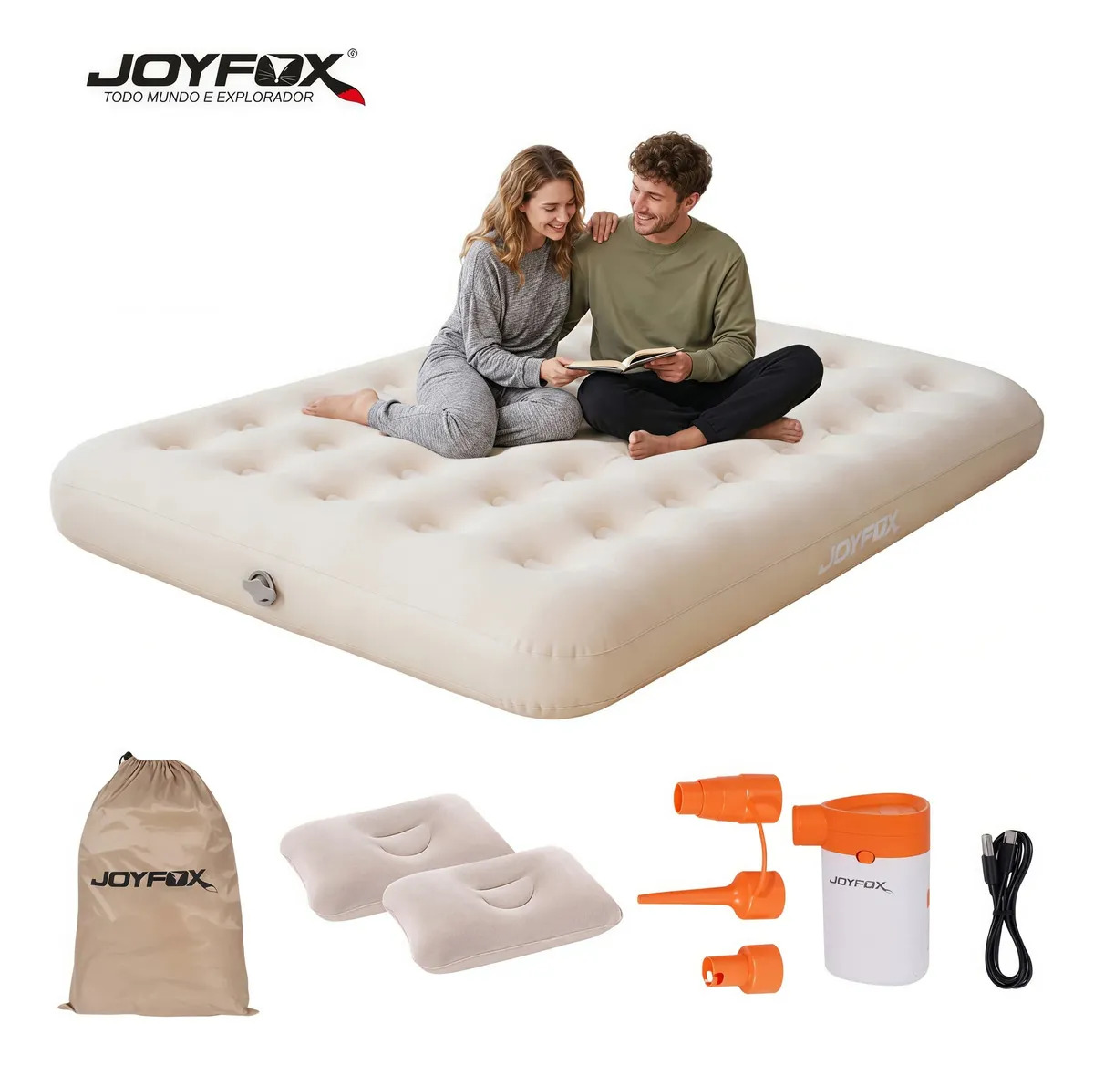 Colchão Inflável Queen 191x137x22cm Com Bomba Elétrica Lítio e Travesseiros Cor Creme Joyfox