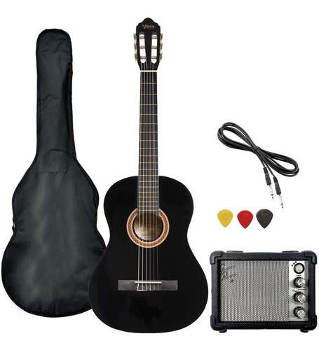 Guitarra Electroacustica Criolla Negra Ampli Funda Cable Pua