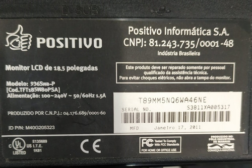 Monitor Positivo 936swa-p C/ Manchas Na Tela E Sem O Pé(6321