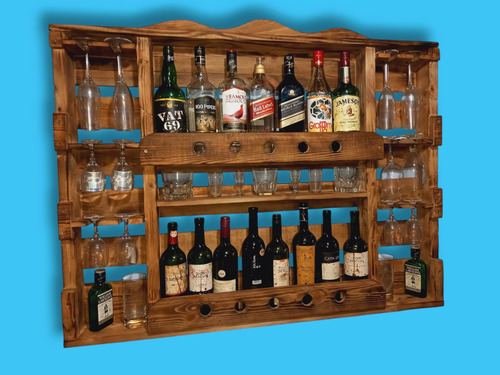 Barra Y Botellero En Madera Nogal Claro