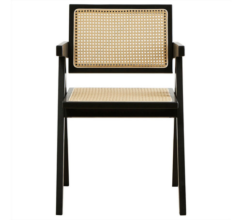 Sillones Square De Comedor Cocina Madera Rattan Sintético X2 Estructura de la silla Negro Asiento Beige