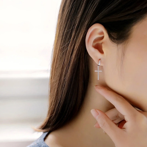Aretes Arracadas Huggies Cruz Plata Ley 925 Certificada