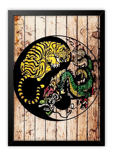 Quadro Decorativo Yin Yang Dragon Tiger Madeira 45x33 Cor da armação Preto