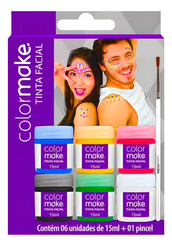 Tinta Facial Color Make Liquida Com 06 Cores + Pincel