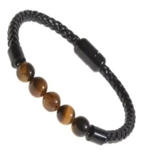 Pulsera Cuero Trenzado Negro Ojo De Tigre Piedra Natural