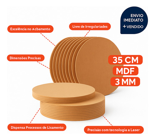 Kit 50 Supla Sousplat 35x35 Cru Circulo Base Mdf 2.5mm