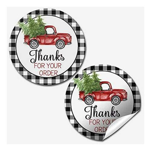 Black Buffalo Plaid & Red Truck Christmas Thank You Etiqueta