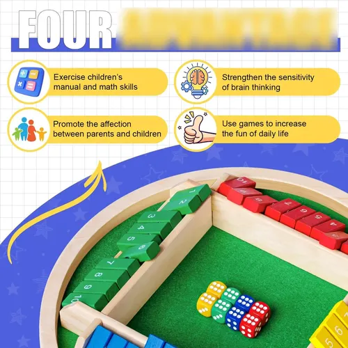 Shut The Box – Juego De Dados De Madera Para 2-4 Jugadores, Ideal Para Familia, Aula O Pub, Incluye 8 Dados