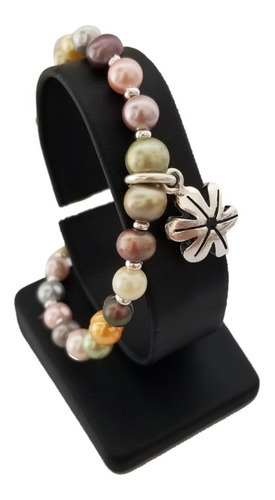 Pulsera Con Perlas Coloridas Y Dije Modelo Flor En Plata 950