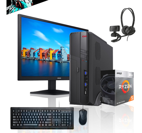 Pc Oficina Slim + Monitor 22 + Perif Ryzen 5 5600g 8gb 500gb