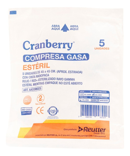 Compresa Gasa 45x45 Cm Estéril 5 Unds - Cranberry