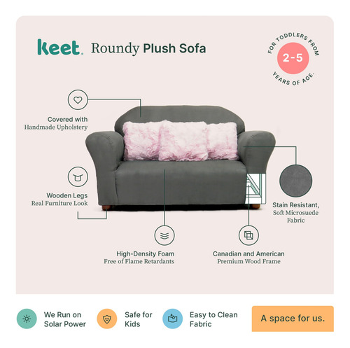 Keet Sofá Infantil De Peluche Con Almohadas Decorativas Carbón, Rosa