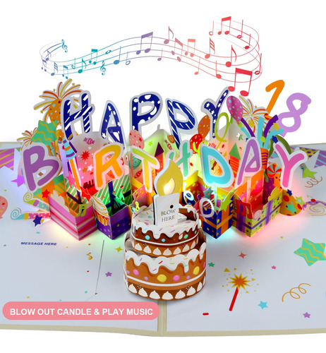 Tarjeta De Cumpleanos Musical 3d, Vela De Luz Led Soplable,