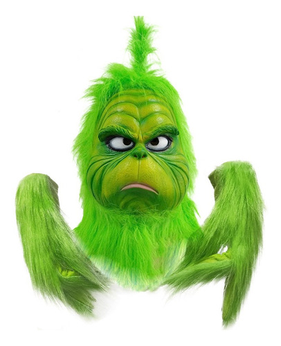 Imagen 1 de 6 de Máscara De Látex+guantes Peludos Verdes Cosplay Navidad Grin