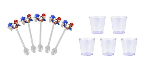 100 Mini Colheres + 100 Copos 25 Ml Sonic X Mario