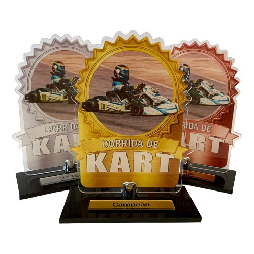 Kit Troféus P/ Kart Acrílico 100% Campeão, Vice E 3º Lugar