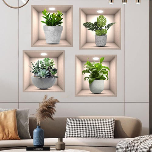 4 Pegatinas De Pared Con Plantas Verdes En 3d Para Decoració