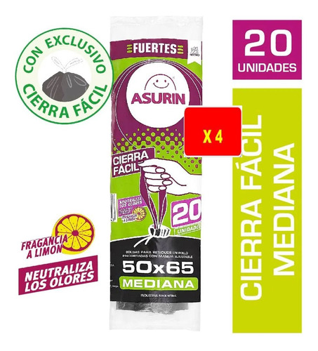 Bolsa Asurin Cierre Fácil Mediana Limón 50x65 X 4 Paq.