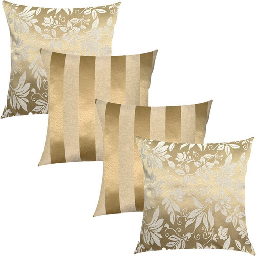 Kit 4 Capas De Almofadas Dourado C/ Bege 45x45cm Decorações Floral E Listrado