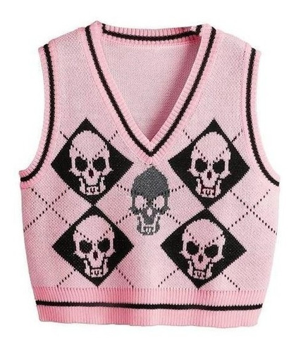 Chaleco Estilo Suéter Con Cuello En V Y Calavera Gótica