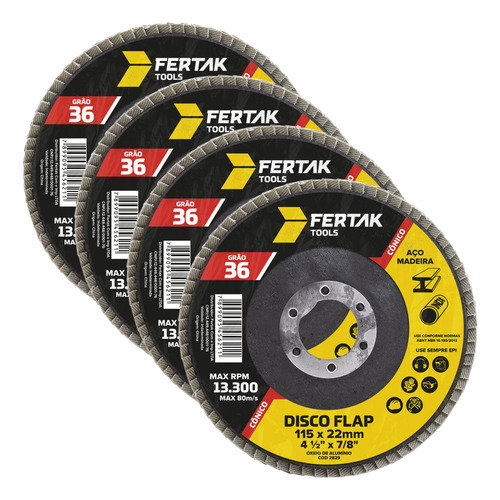 Kit 04 Disco Flap Cônico 115mm Grão 36 Madeira Aço Desbaste