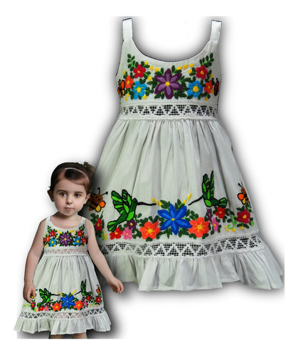 Vestido 1 Ano Bordado À Mão Floral De Alças E Rendas Algodão