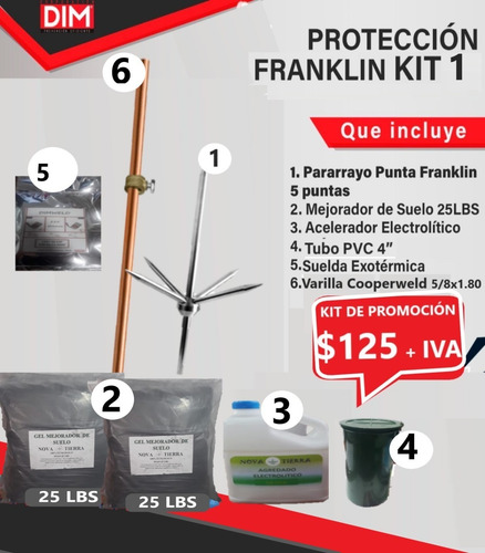 Imagen 3 de 10 de Kits Con Pararrayos Punta Franklin De 5 Puntas.