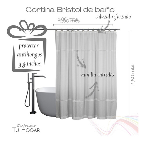Imagen 2 de 7 de Cortina Baño Ducha Tela Lavable Bristol Blanca + Protector Antihongos Oregon