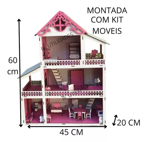 Casa Casinha Da Barbie + Garagem em Mdf Rosa e Branco Com 22