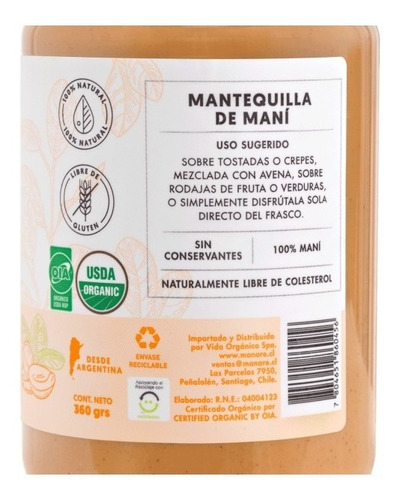 Mantequilla De Mani 360 Gr / 100% Organica Maní / Manare
