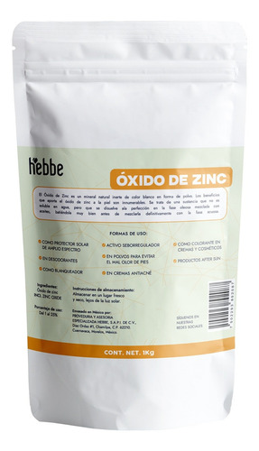 Oxido de Zinc Hebbe uso en talcos desodorantes y bloqueadores solares 1 kg