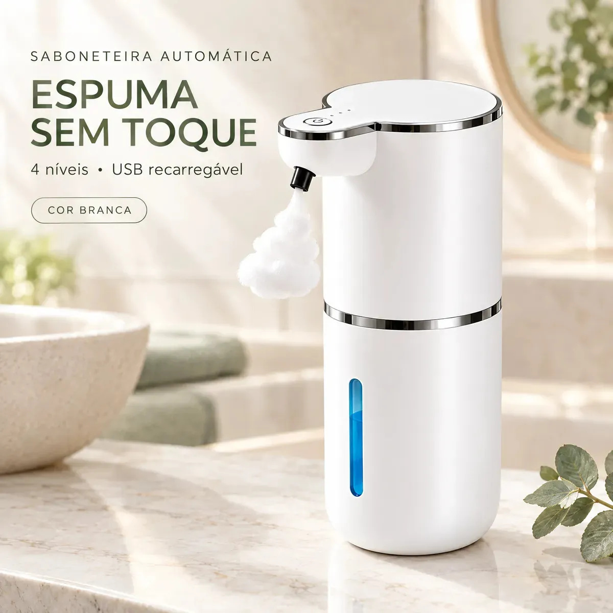 Saboneteira Automática Dispenser Recarregável Espuma Sensor Usb Lava Mãos Higiênico Desinfeta Sabonete Liquido Branco Marca Logda