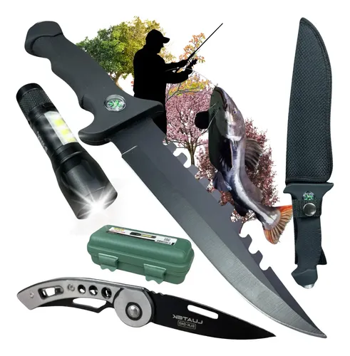 Kit Sobrevivencia Completo Com Faca + Canivete + Lanterna Cor Preto