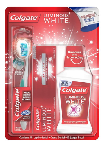 Colgate Luminous White Cepillo + Pasta Dental + Enjuague Kit