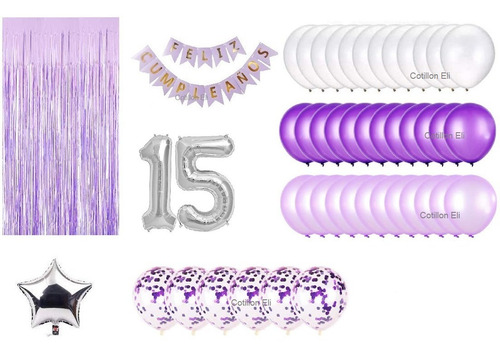 Imagen 3 de 3 de Combo Deco Cumple Lila Violeta Plata Globos Banderin Cortina