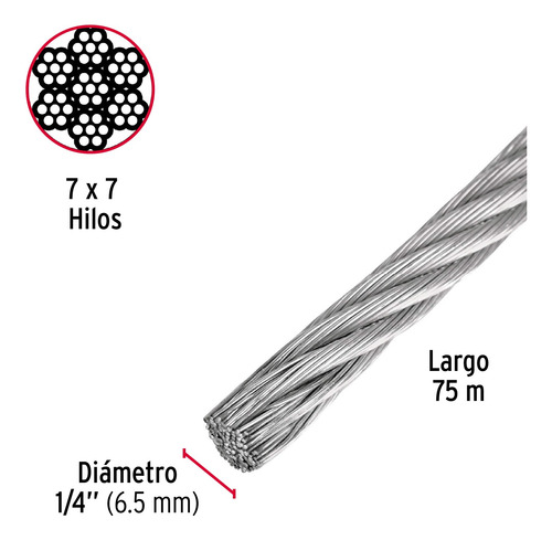 Guaya Fiero Acero 7x7 Hilos Cab-1/4r 75mts