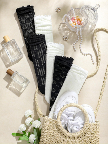 6 Pares De Calcetines De Encaje Para Mujer, De Malla