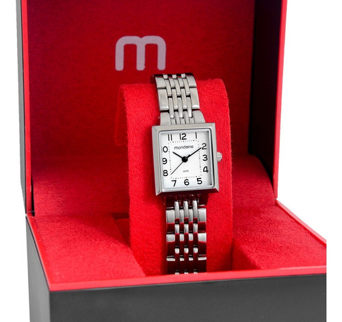 Relógio Mondaine Feminino Quadrado Prata Fashion Casual Cor da correia Prateado Cor do bisel Prateado Cor do fundo Branco